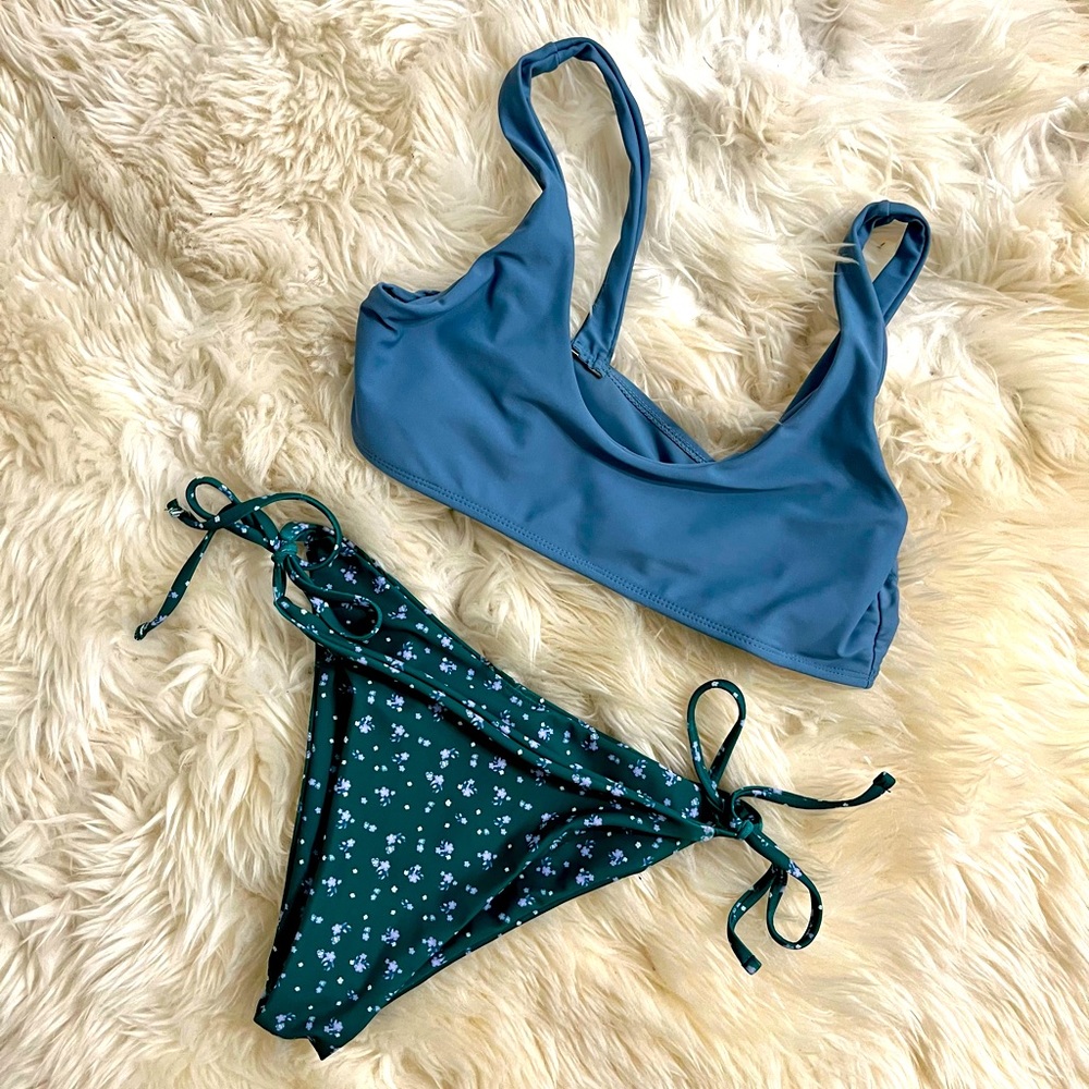 Blue and green reversible bikini set, size S